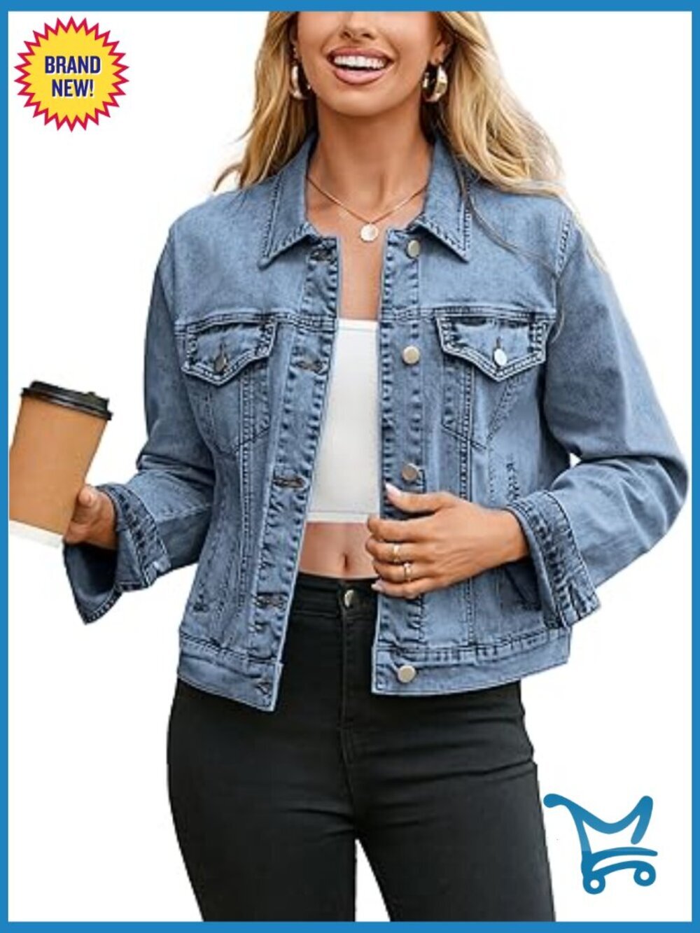 Classic Denim Jacket with Pockets, Lapel Collar, Button Front, Fitted Western